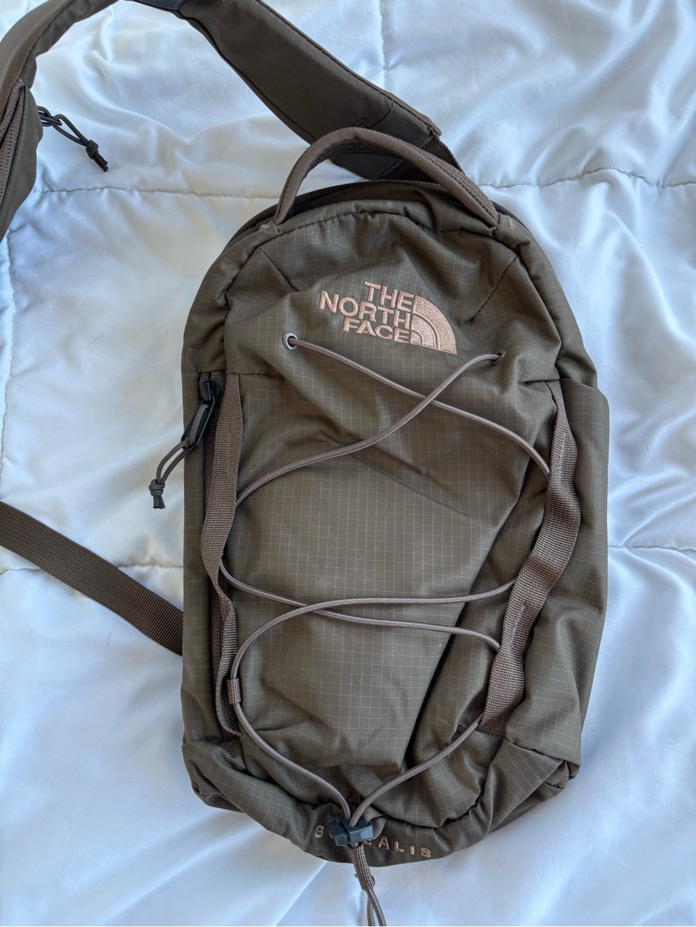 The North Face Borealis Sling Bag 6L Brown Rose Gold Logo Crossbody Bungee